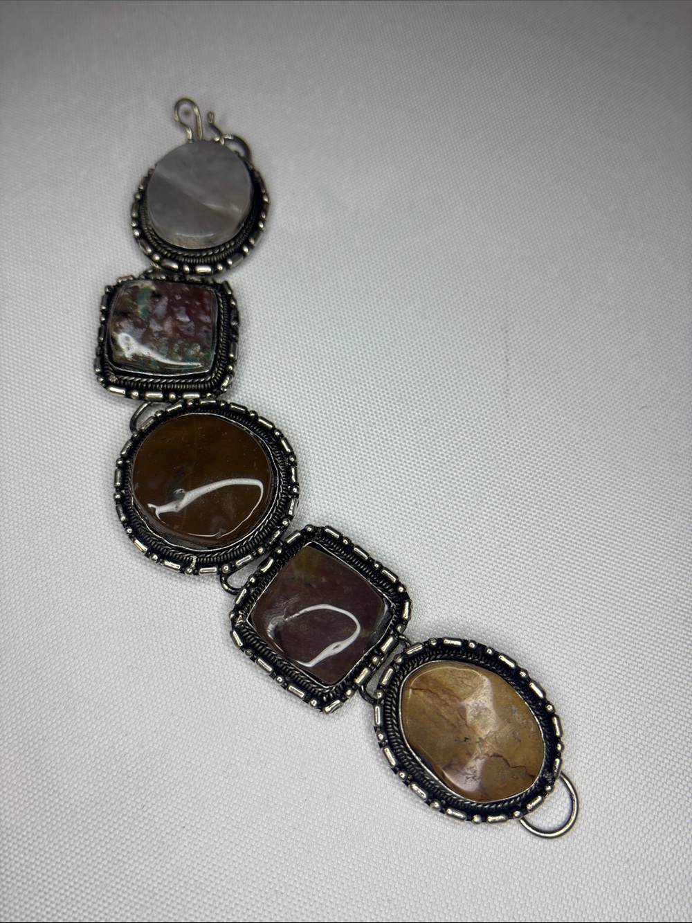 Genuine Stone Jasper Chalcedony chunky silver hook bracelet
